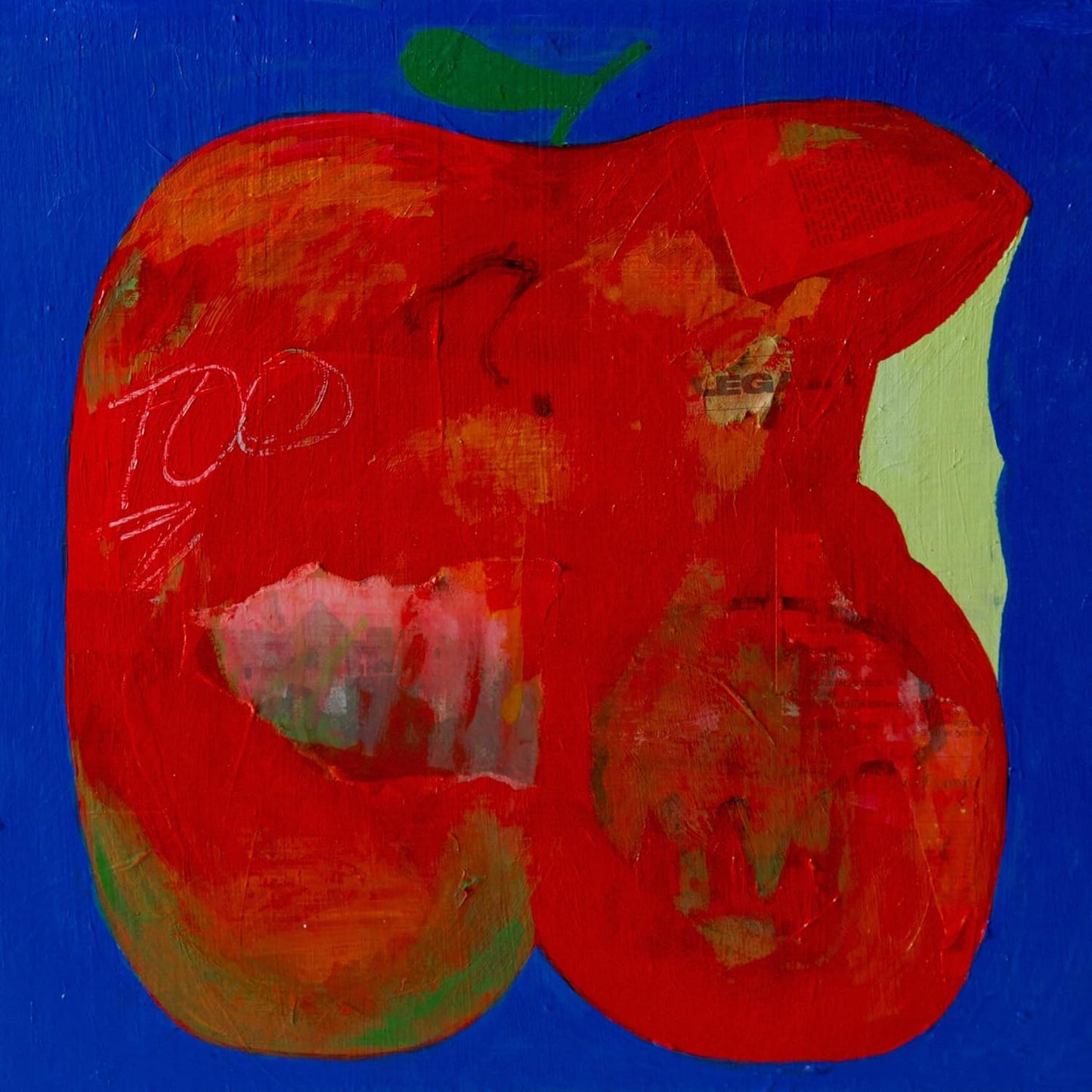 Red apple with a bite taken out, painted with thick brushstrokes.