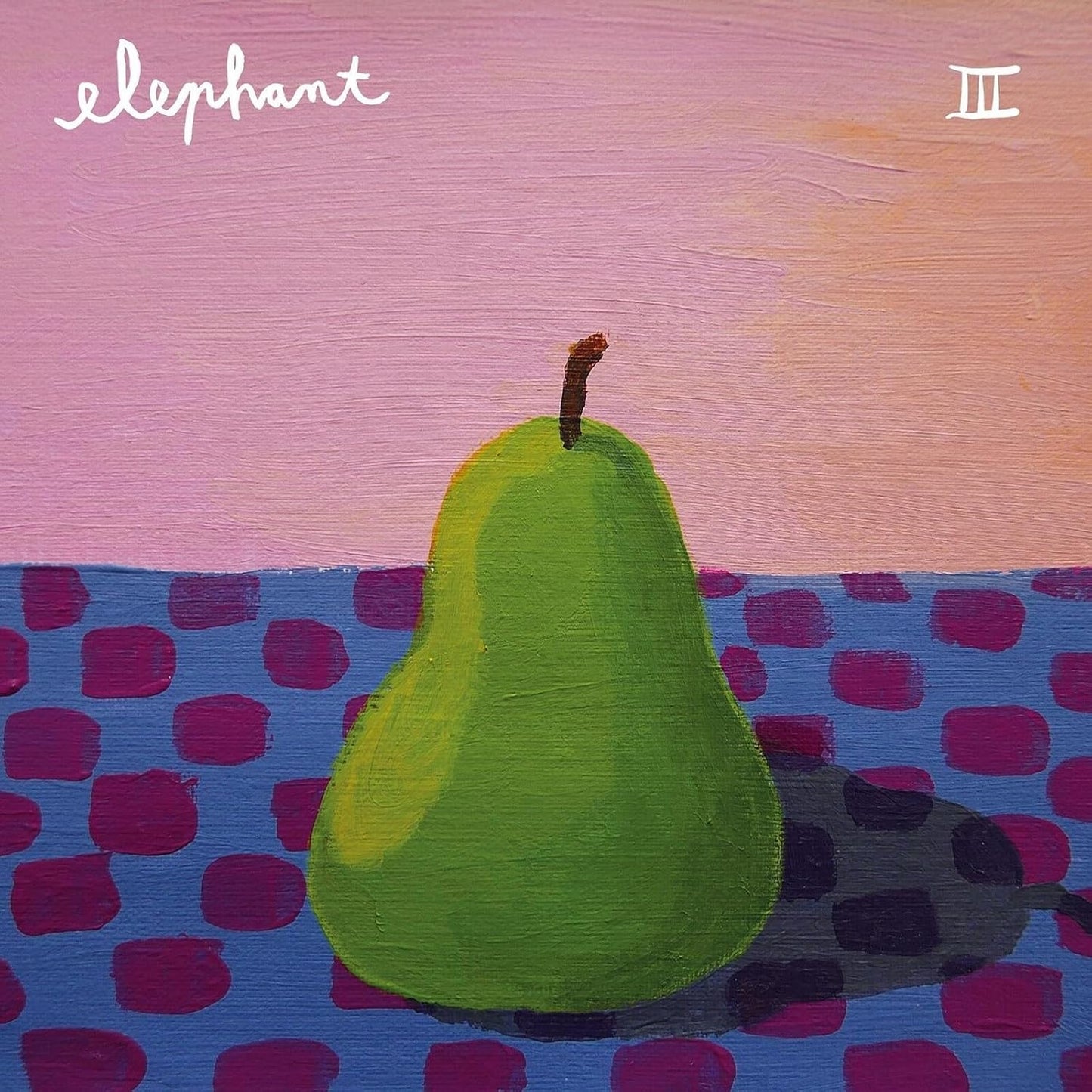Painted image of a green pear against a pink and purple spotted background.