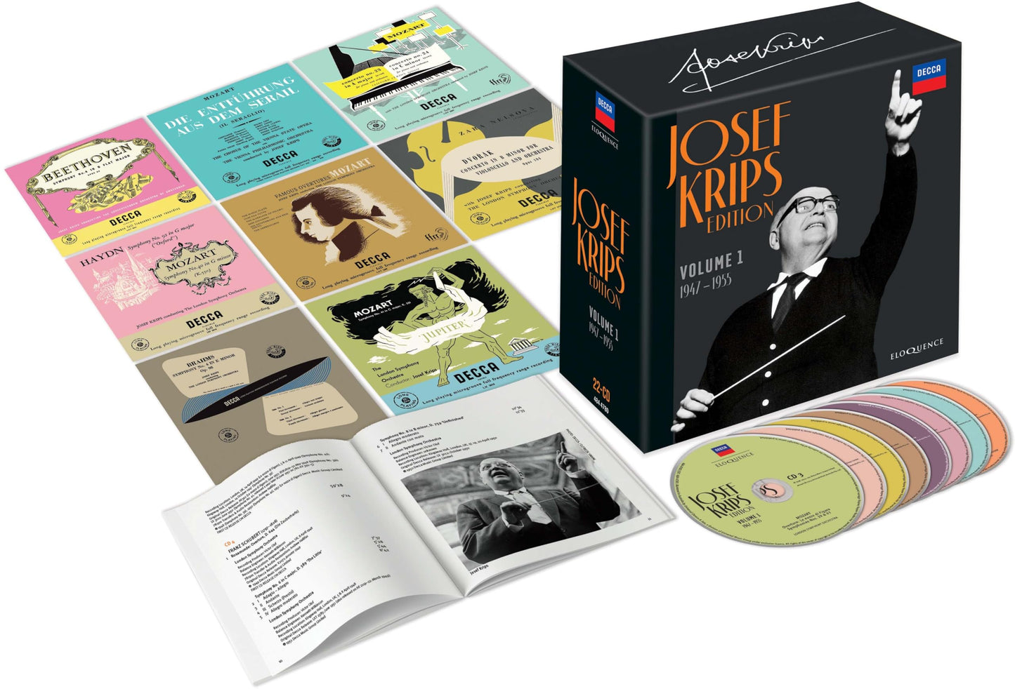 CD box set featuring conductor Josef Krips, discs, and booklet.