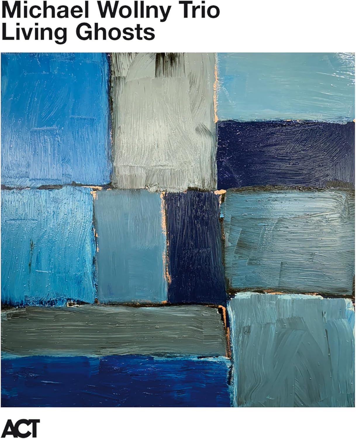 Album cover for Michael Wollny Trio’s “Living Ghosts” with abstract blue painting.
