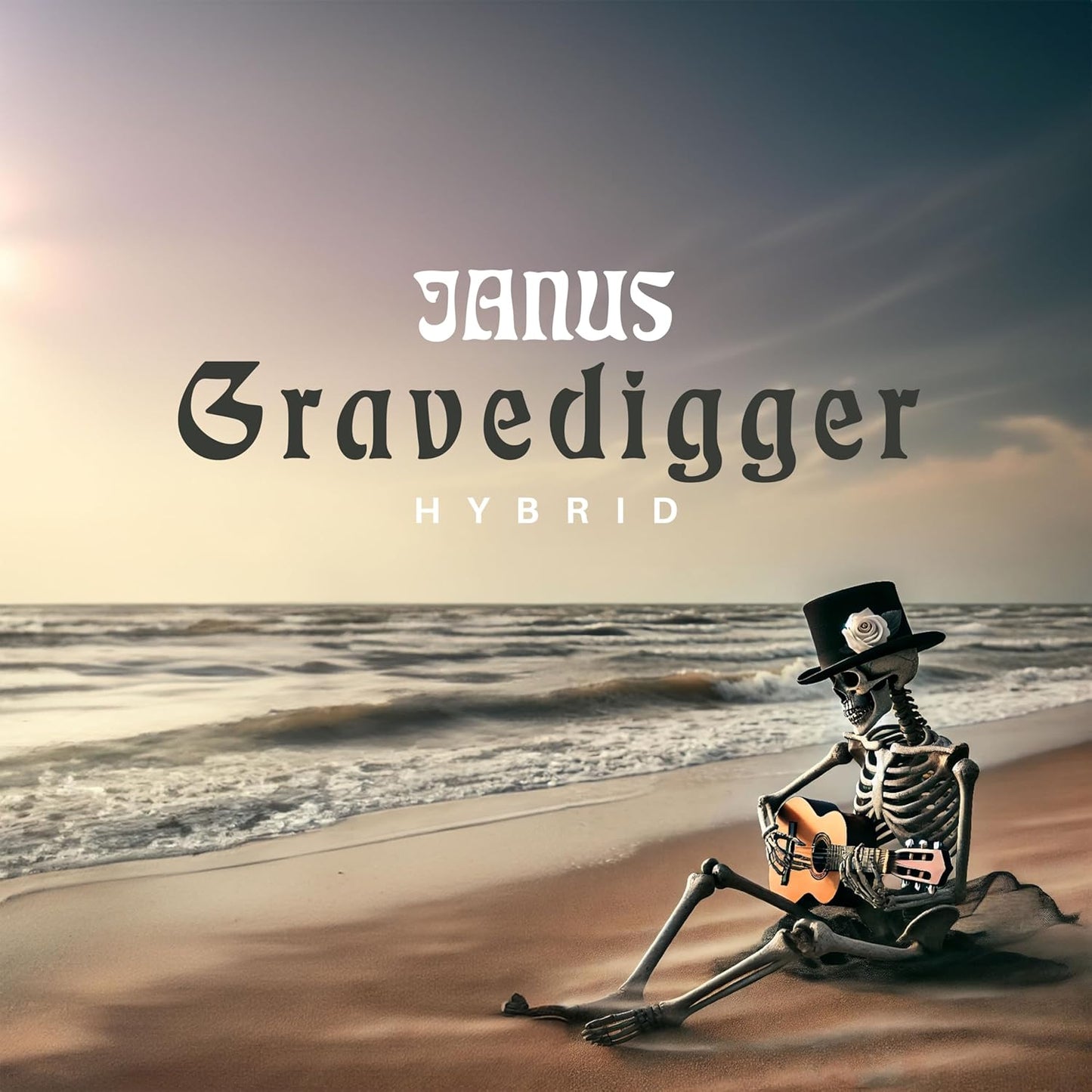 CD cover: skeleton playing guitar on a beach, titled "Janus - Gravedigger.