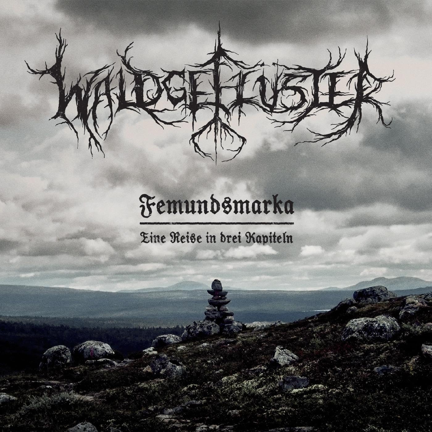 CD cover: dark forest landscape with stacked stones and ornate text.