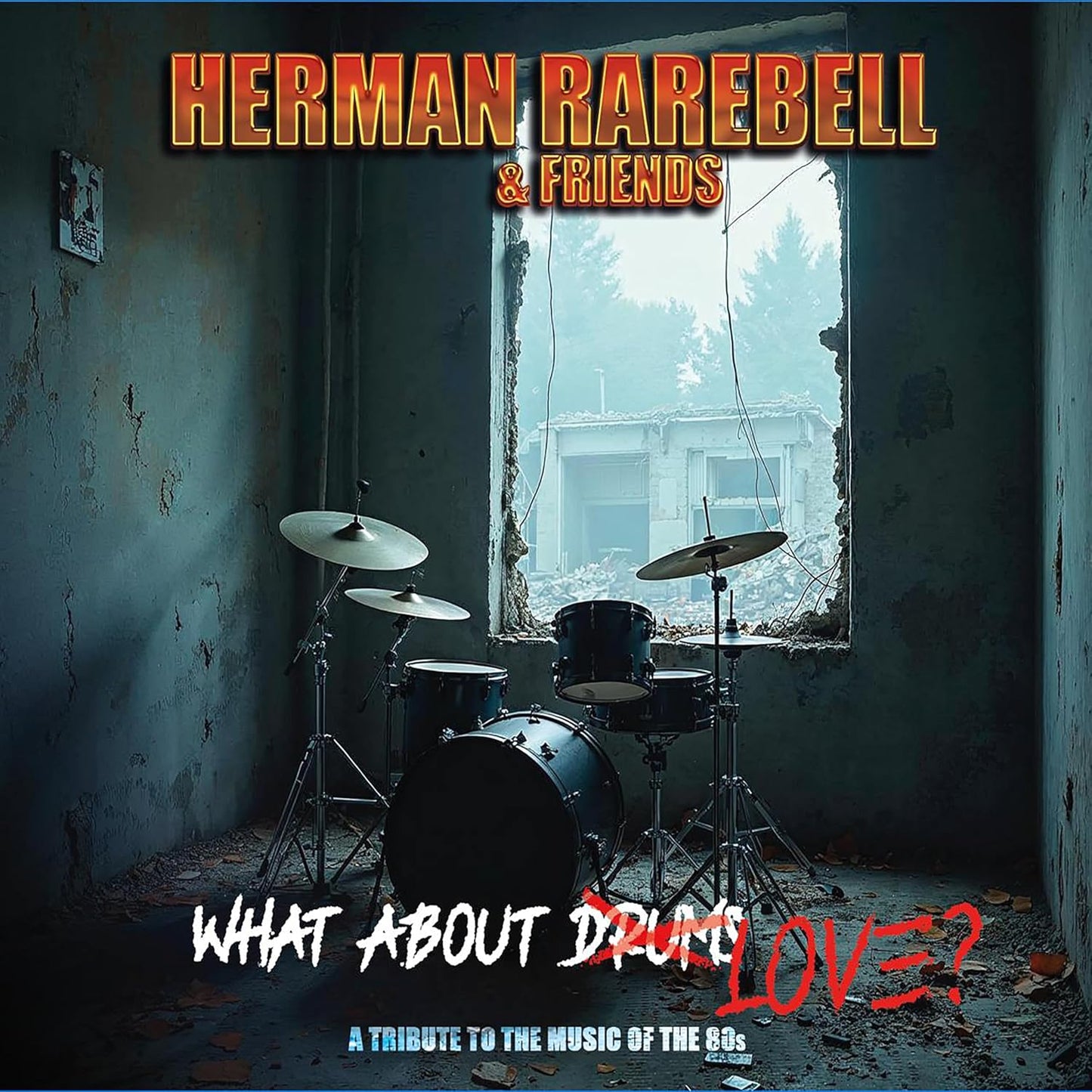 CD cover: drum kit in a dilapidated room, text “Herman Rarebell”.
