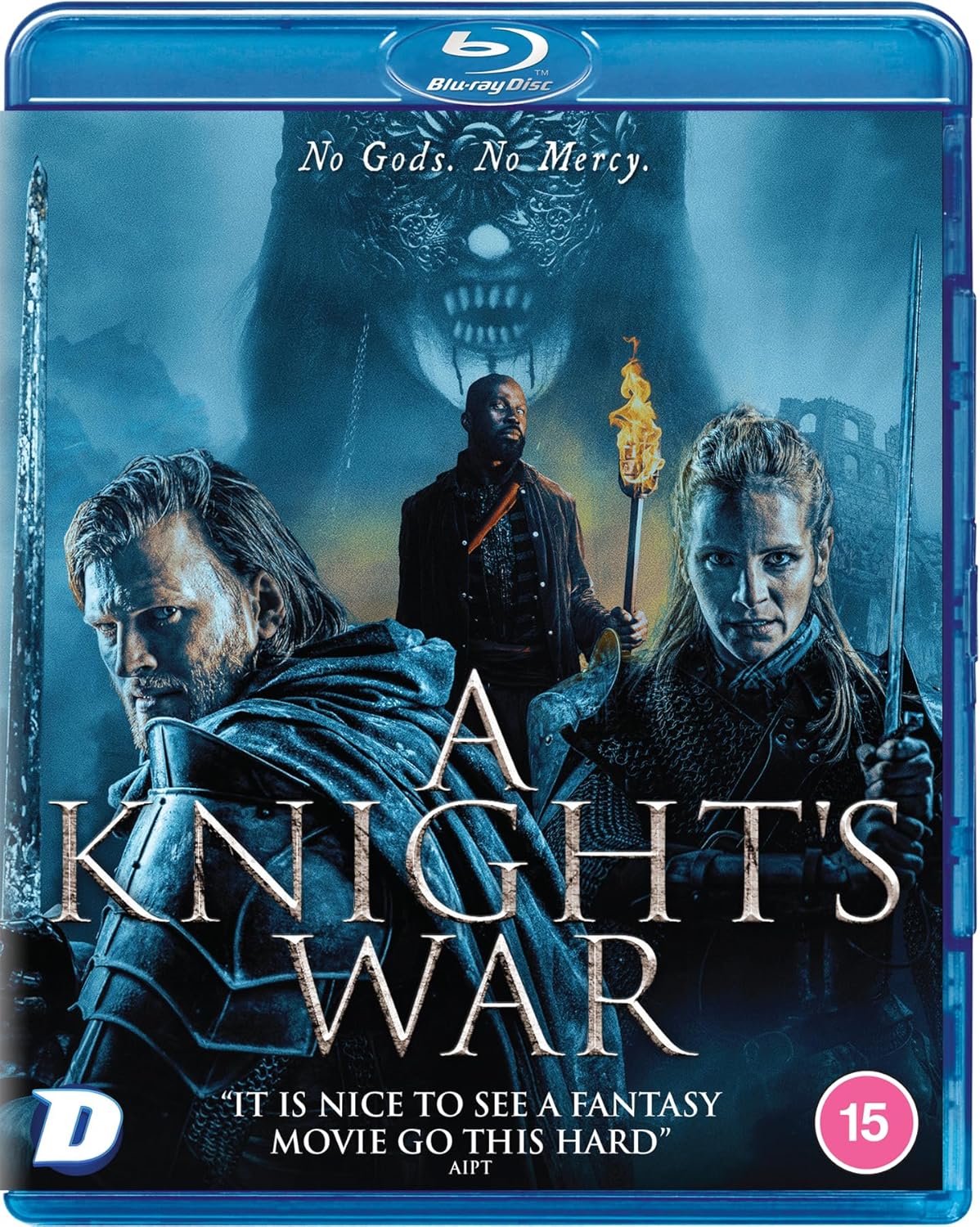 Blu-ray cover for "A Knight's War" featuring three figures in a dark landscape.