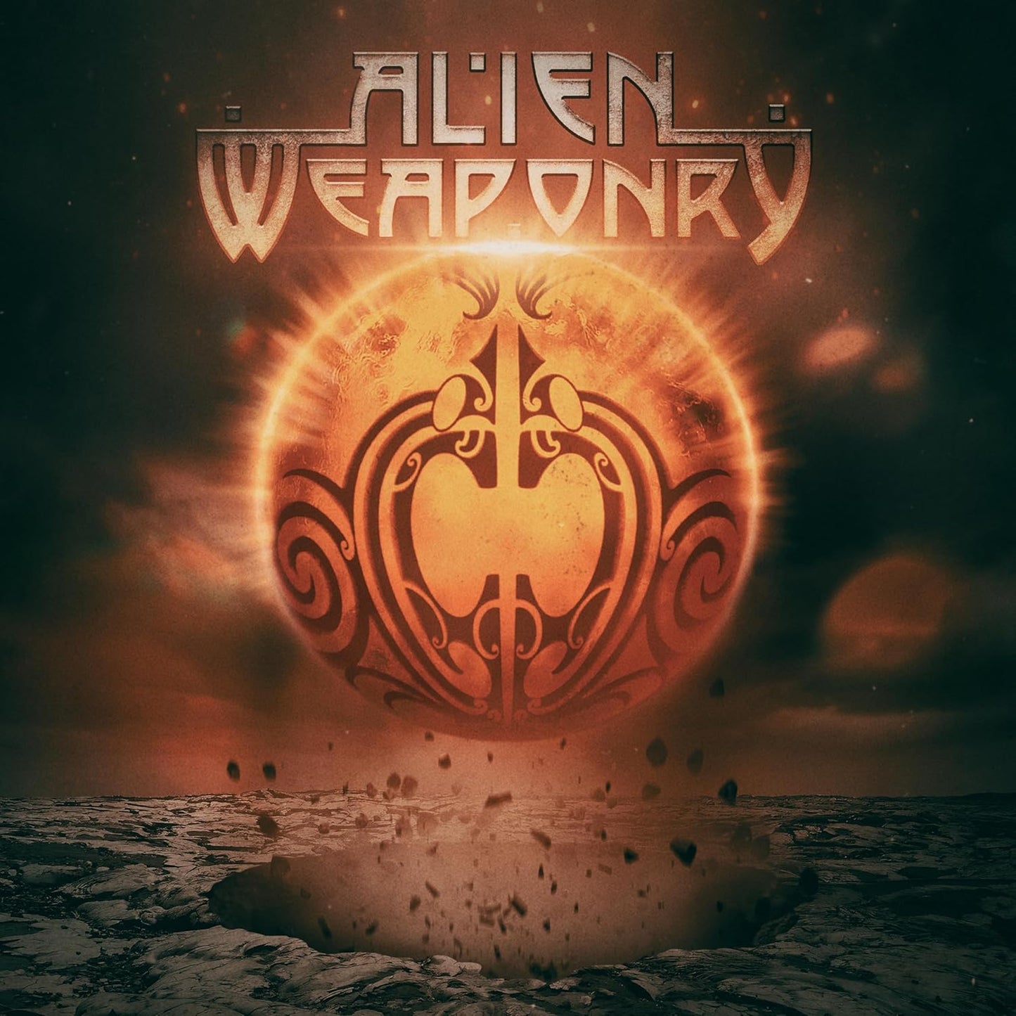 Album cover for Alien Weaponry’s “Te Ra” with Māori design elements.