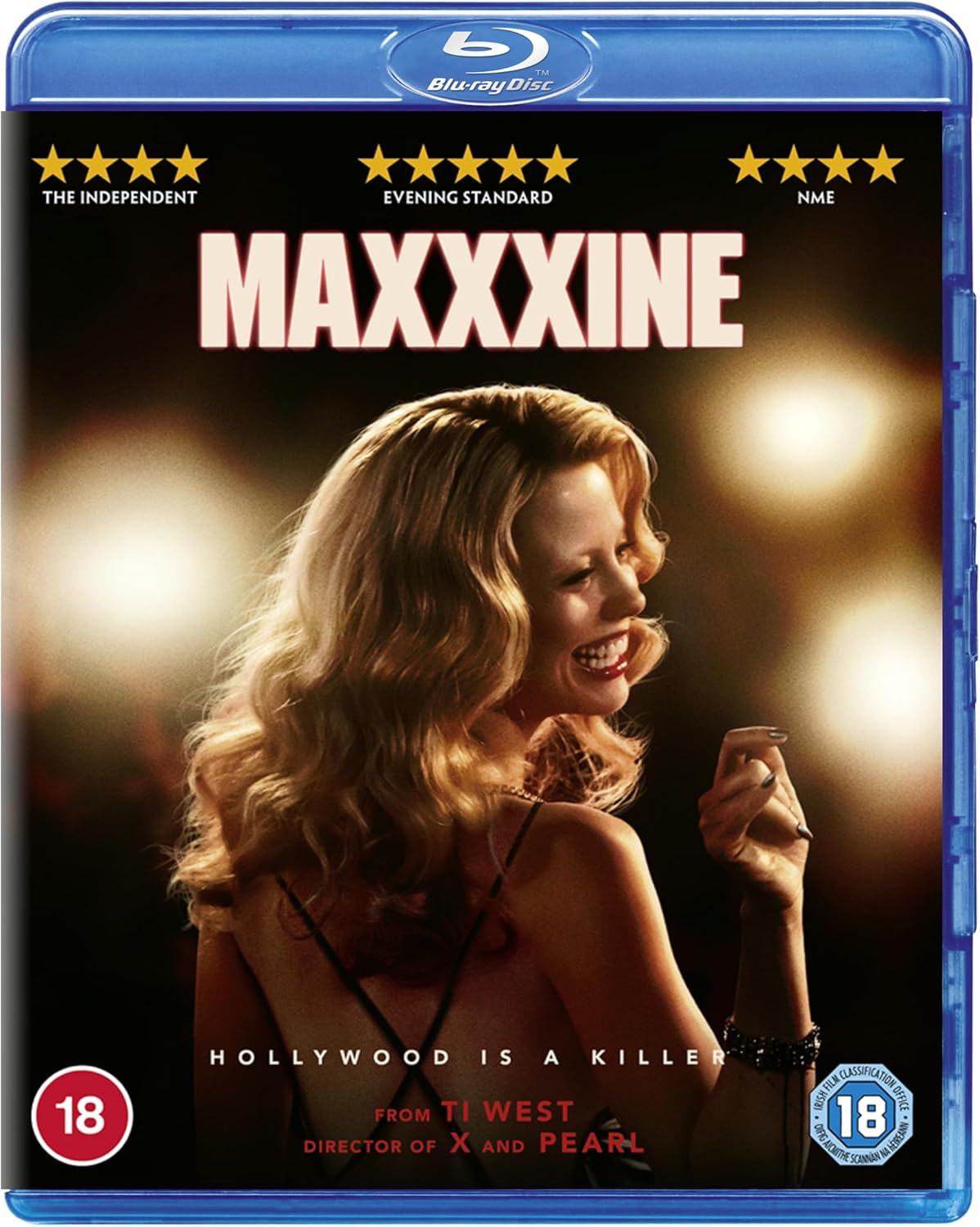 “Maxxxine” Blu-ray cover featuring a blonde woman and film ratings.