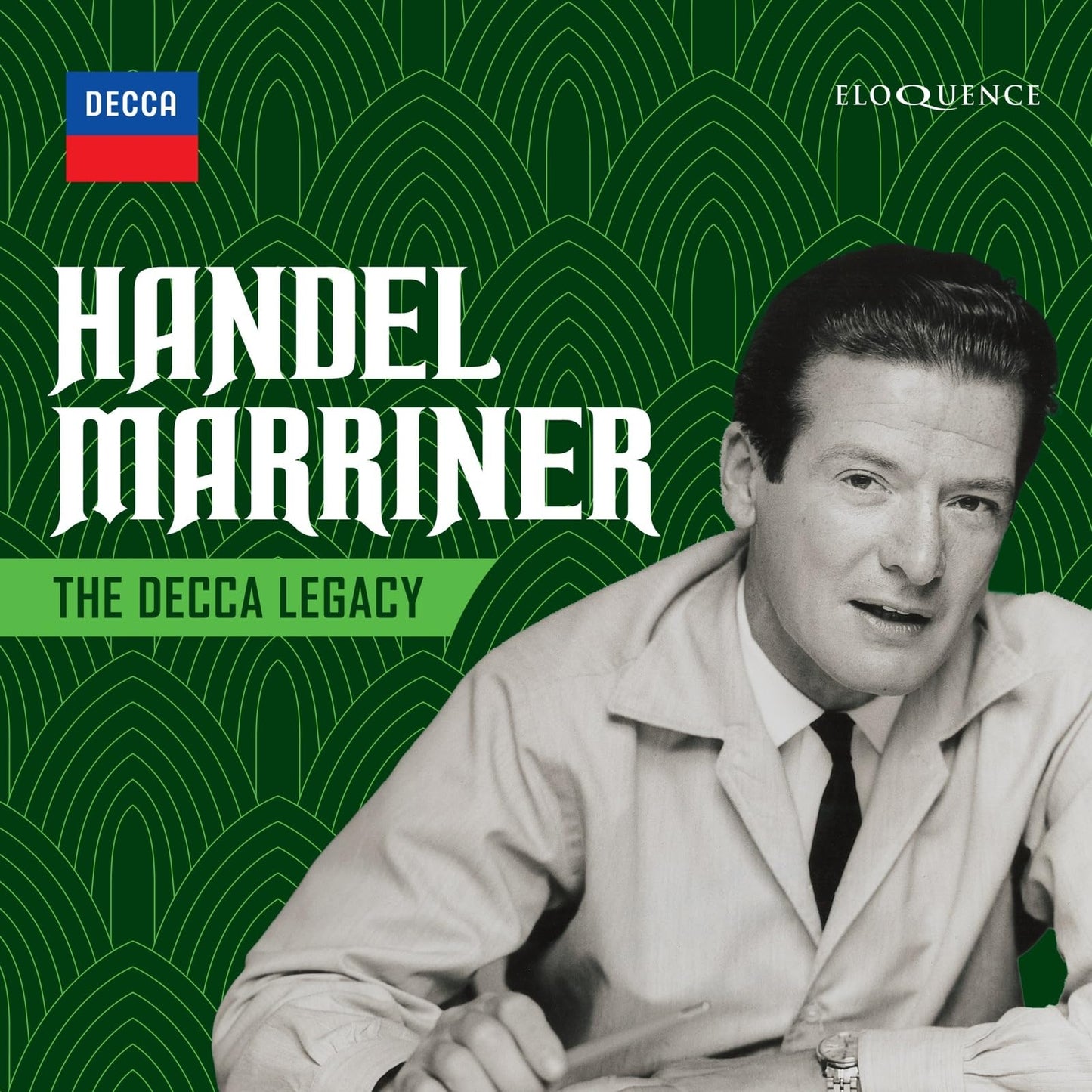 CD cover featuring portrait of Neville Marriner with green patterned background.