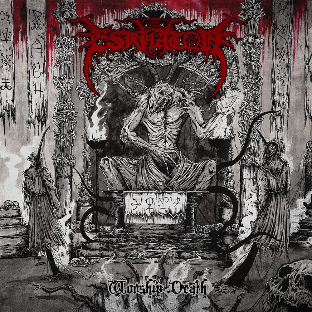 Dark, detailed album cover depicting a skeletal figure on a throne with figures flanking it.