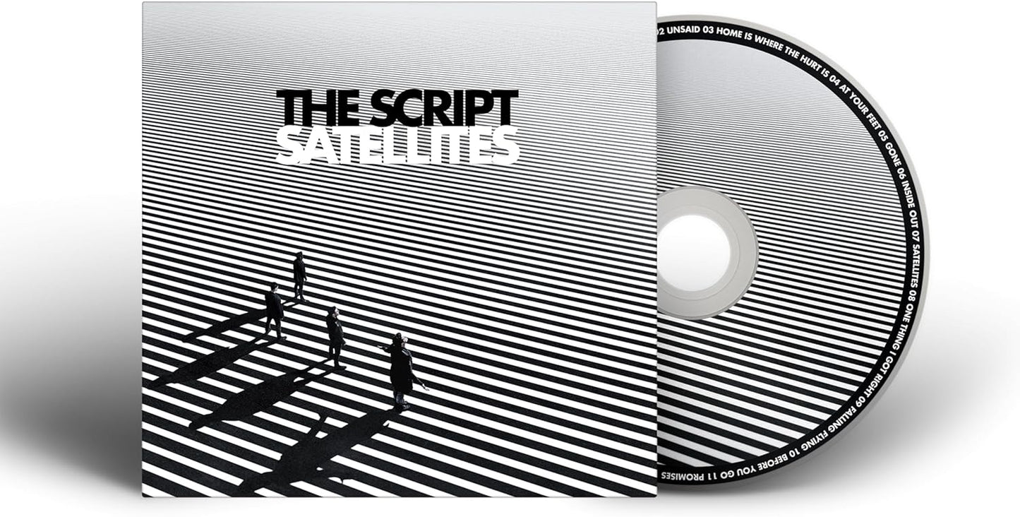 The Script’s “Satellites” CD case with black and white striped design.