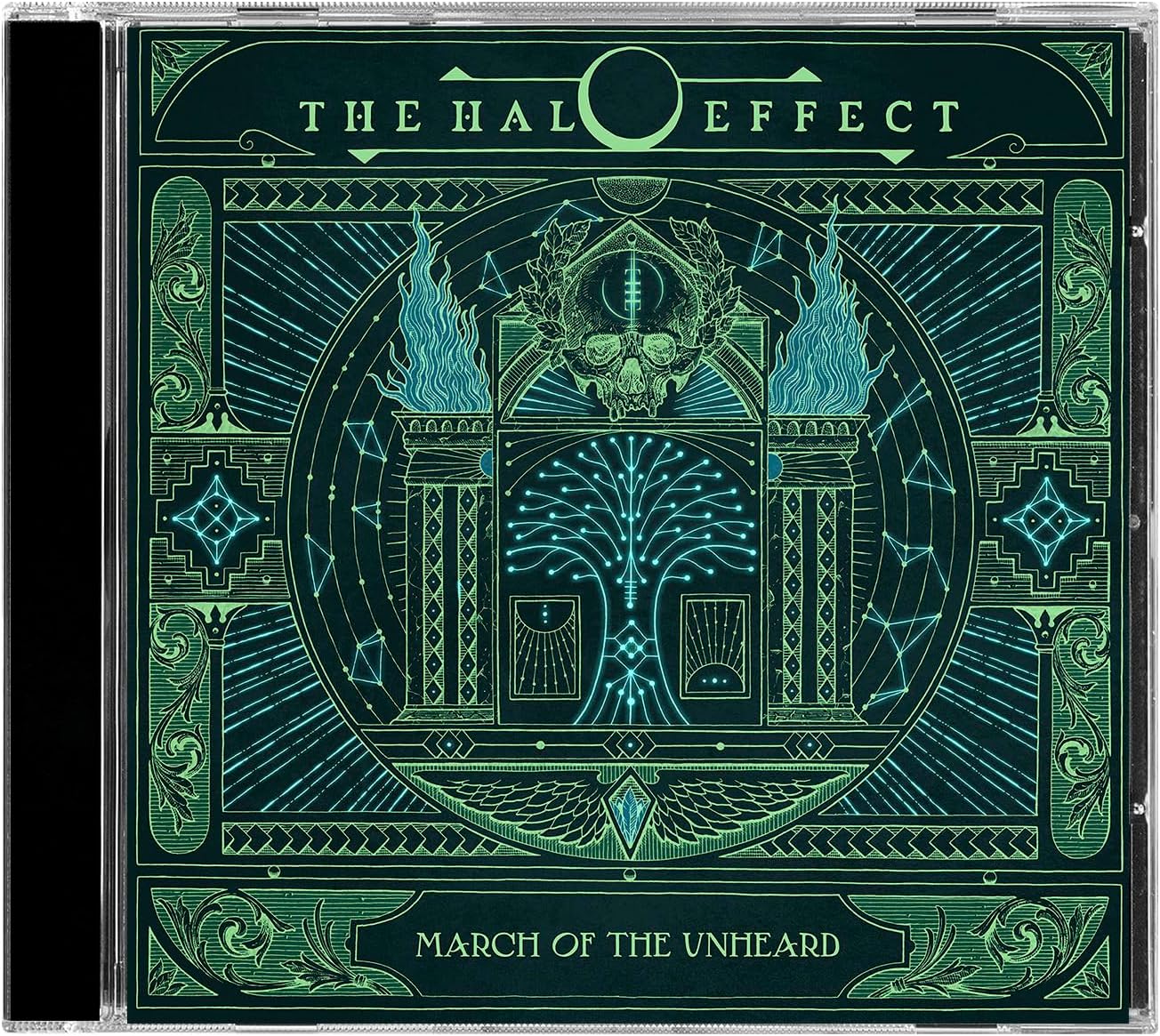 CD case for "The Halo Effect" album with teal and black geometric art.