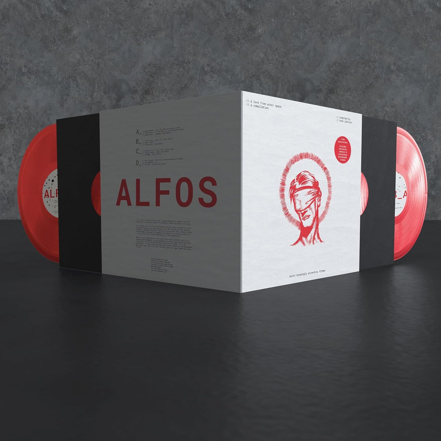 Vinyl record packaging with red records and a red portrait on the cover.