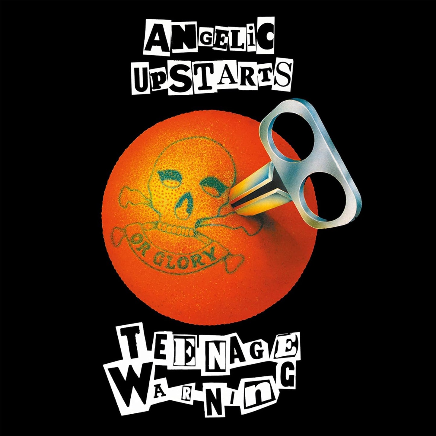 An orange with a wind-up key, skull, and text on a black background.