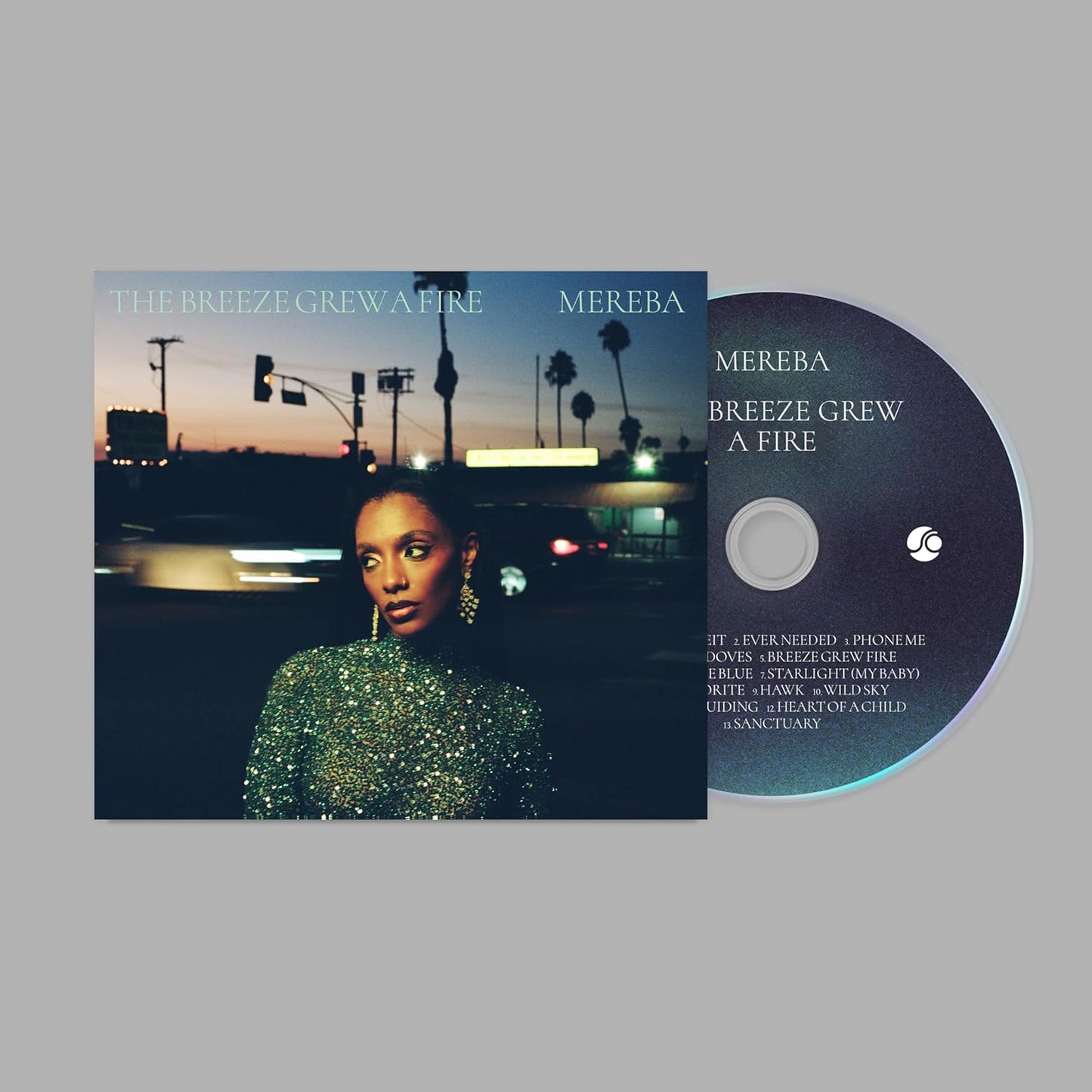 CD cover for Mereba’s “The Breeze Grew A Fire” with a nighttime city scene.