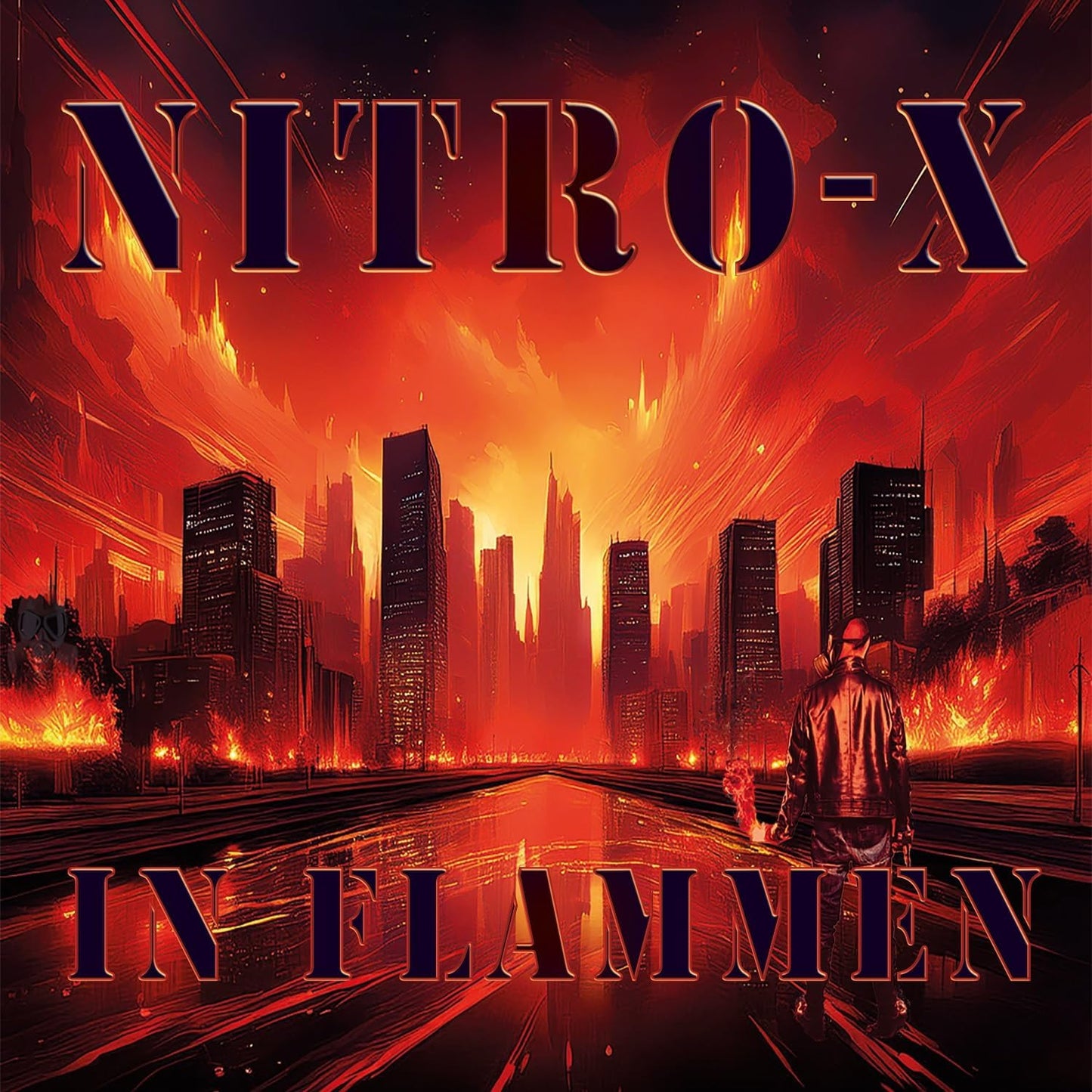 CD cover for Nitro-x - In Flammen, depicting a burning cityscape.