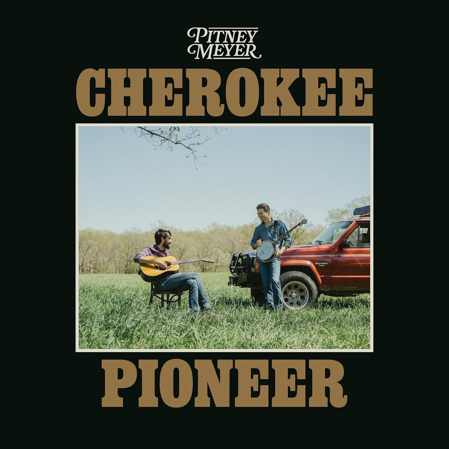 CD cover for Pitney Meyer’s “Cherokee Pioneer” featuring musicians and a car.