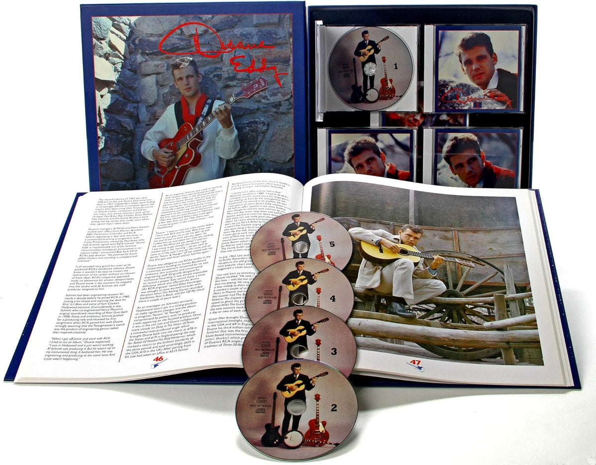 Five-CD set of Duane Eddy’s “Twangin’ From Phoenix To L.A.” with album artwork.