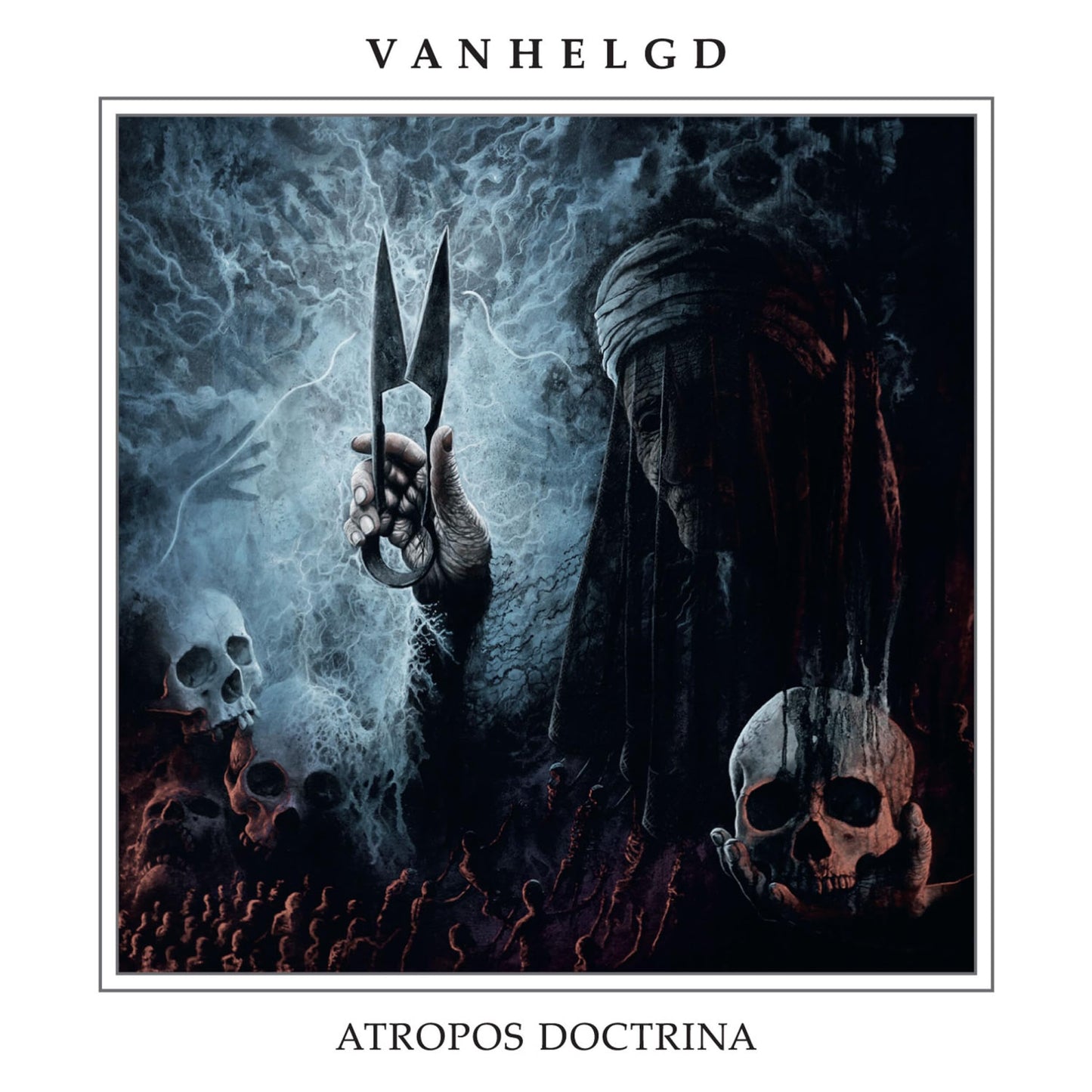 Dark album cover featuring a cloaked figure holding shears over skulls.