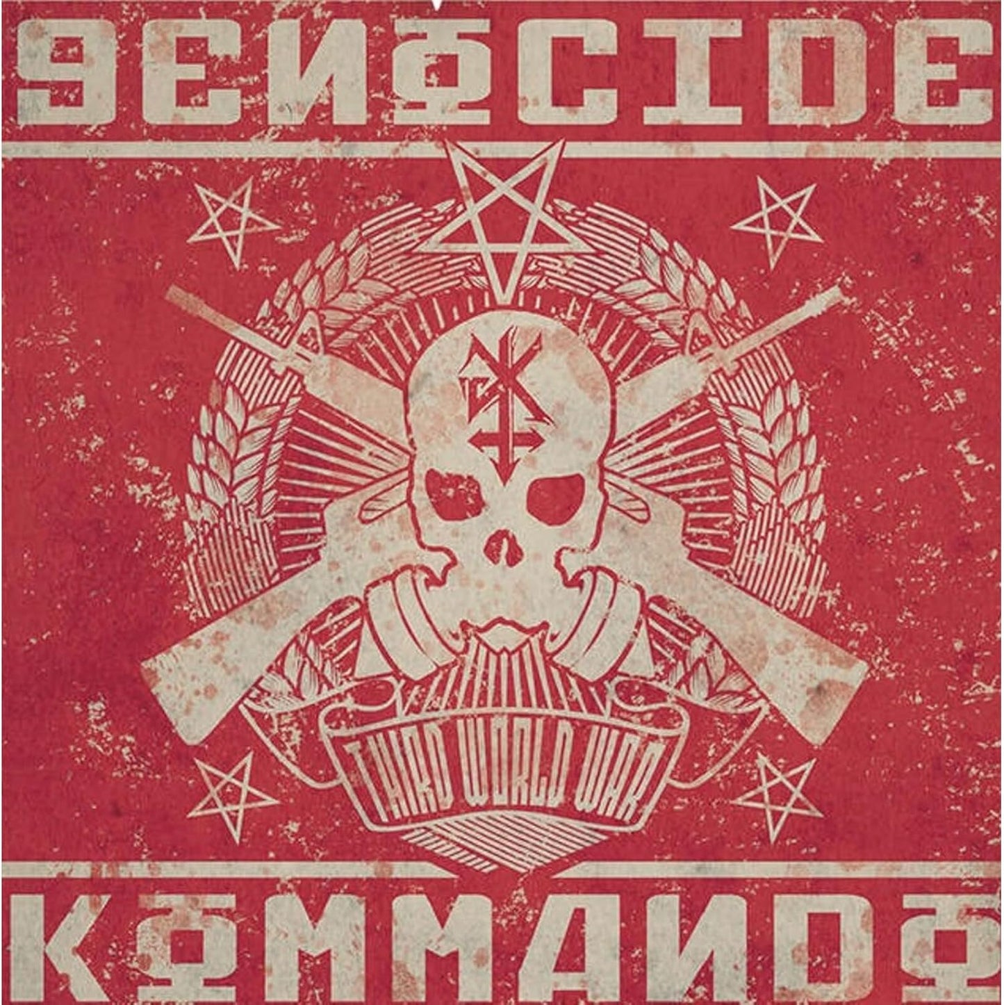 Red album cover with skull, crossed rifles, and star symbols.