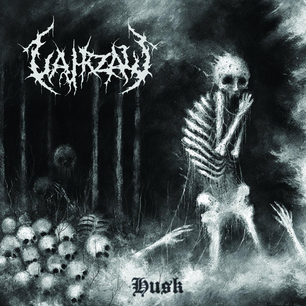 Dark album cover featuring a skeletal figure in a misty, overgrown landscape.