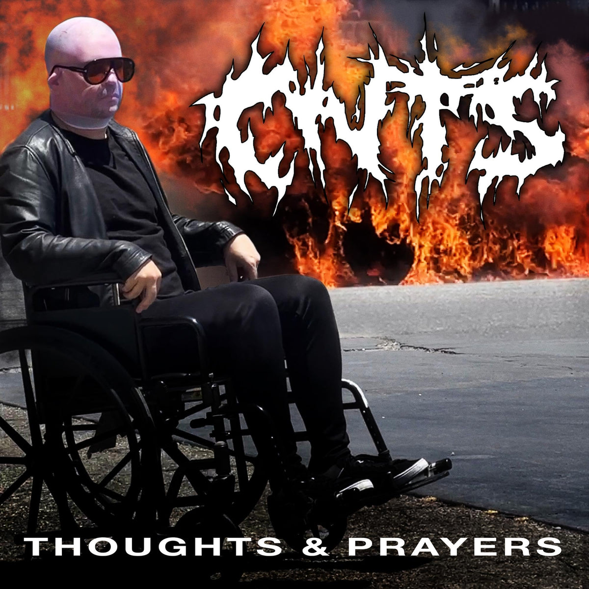 Album cover: man in wheelchair, fiery background, band name "Cnts".