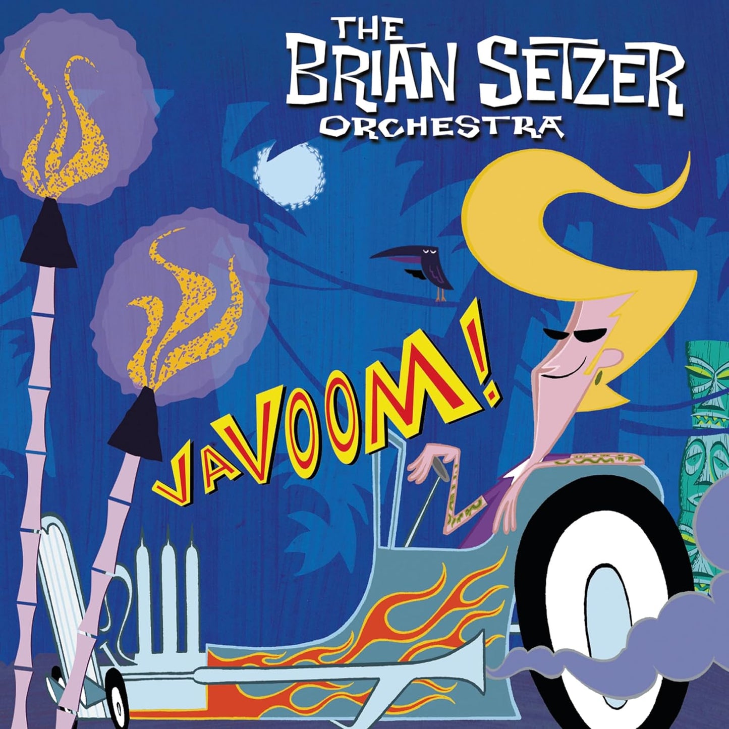 Vavoom!" album cover by The Brian Setzer Orchestra, cartoon hot rod design.