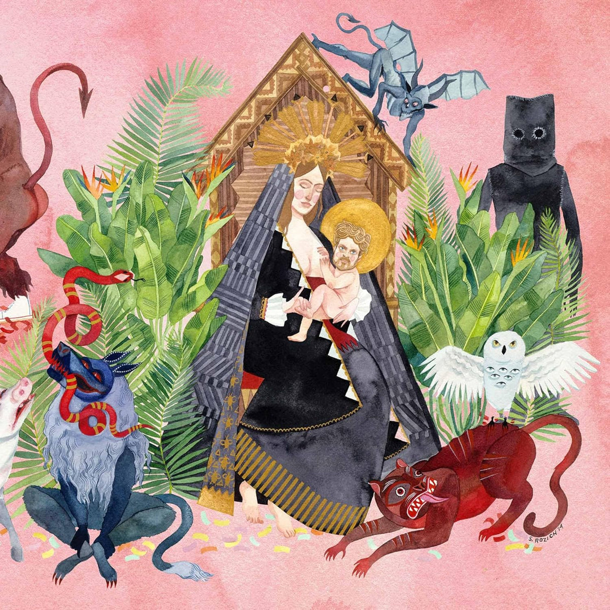 Painted album cover featuring a Madonna and Child with fantastical creatures.