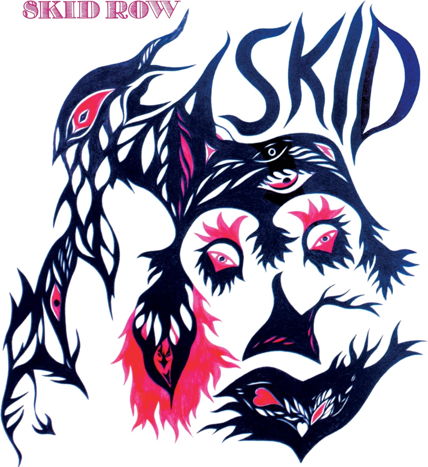 Album cover for Skid Row’s “Skid” featuring stylized bird and face imagery.