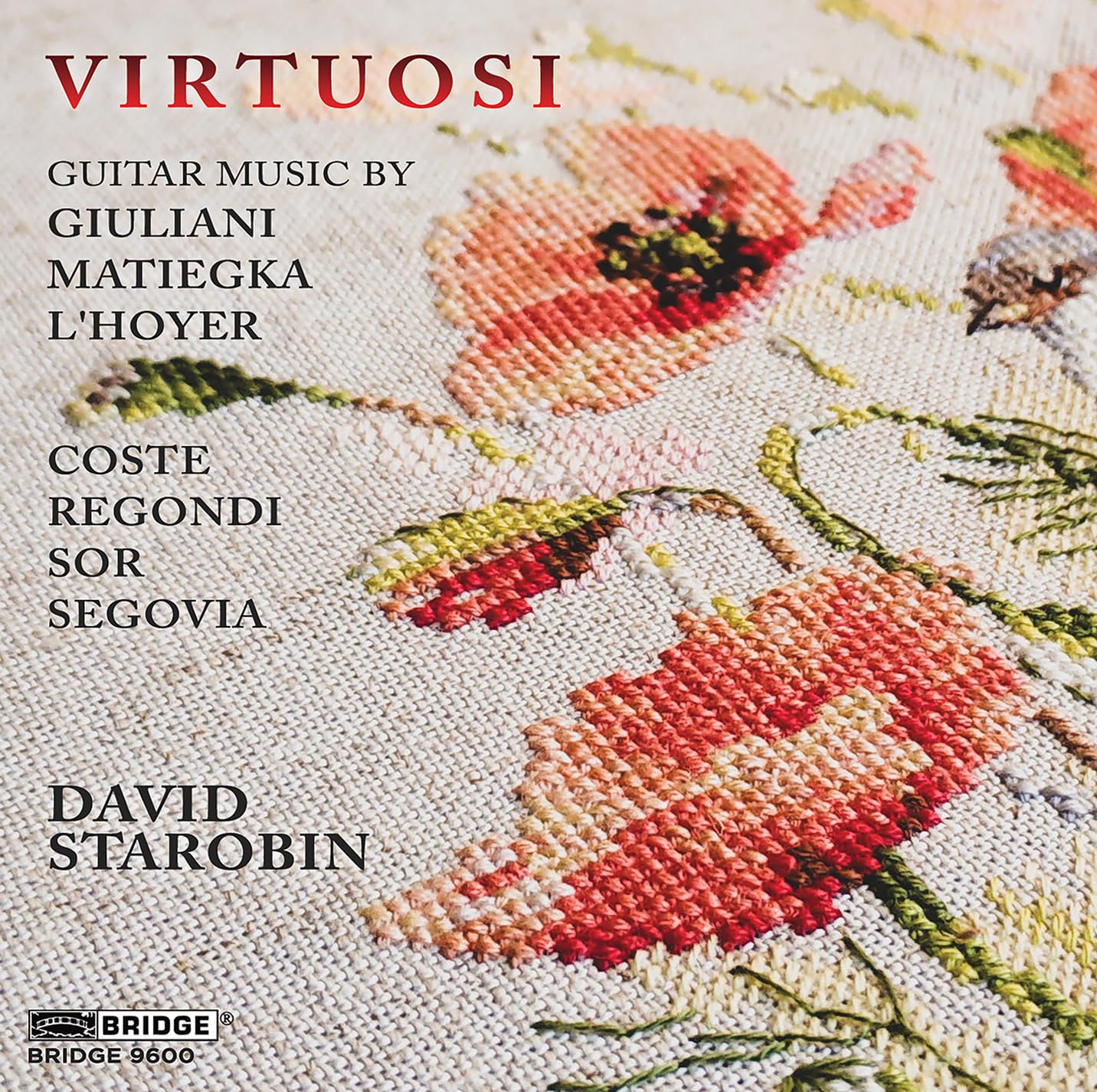 CD cover for "Virtuosi" by David Starobin, featuring floral embroidery.