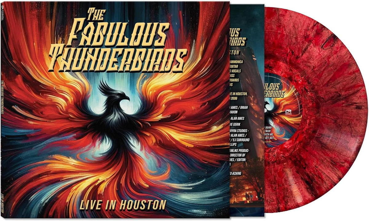 Vinyl record of The Fabulous Thunderbirds "Live In Houston" with colorful bird artwork.