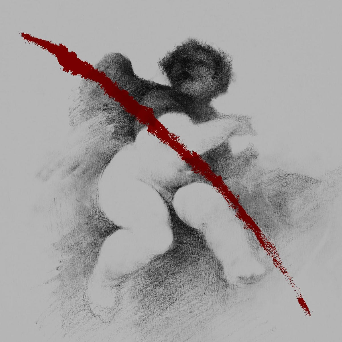 Charcoal sketch of a figure with a bold red diagonal slash.