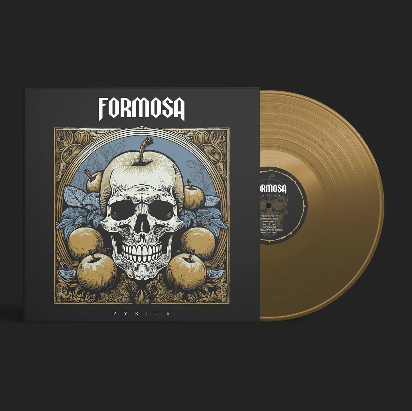 Gold vinyl record with skull and fruit artwork, titled "Formosa - Pyrite".
