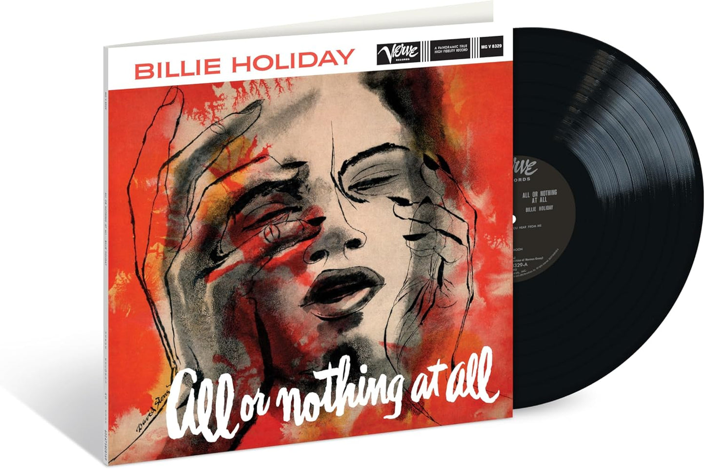 Billie Holiday vinyl record with red and black painted portrait cover.