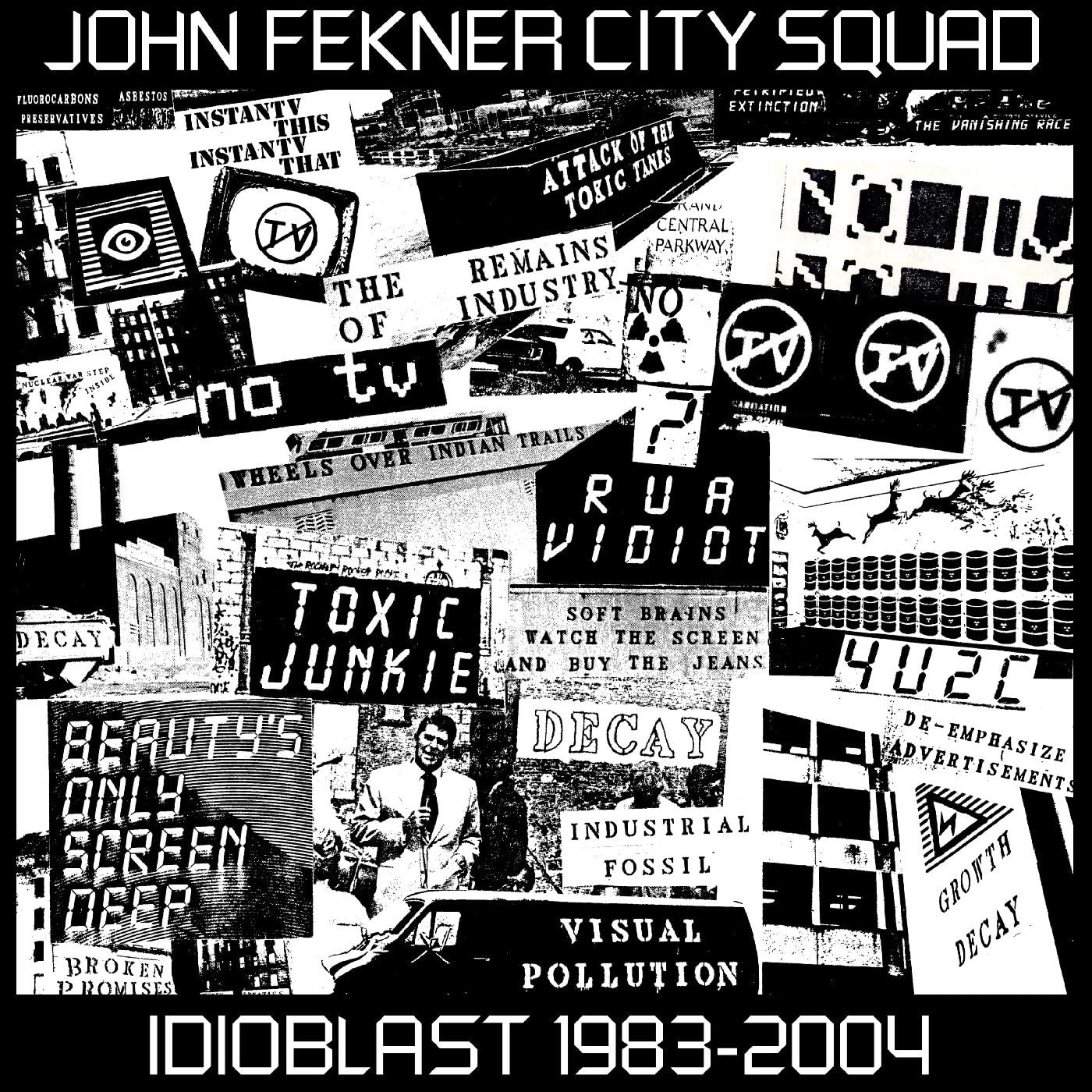CD cover for John Fekner City Squad’s “Idioblast 1983-2004,” black and white collage.
