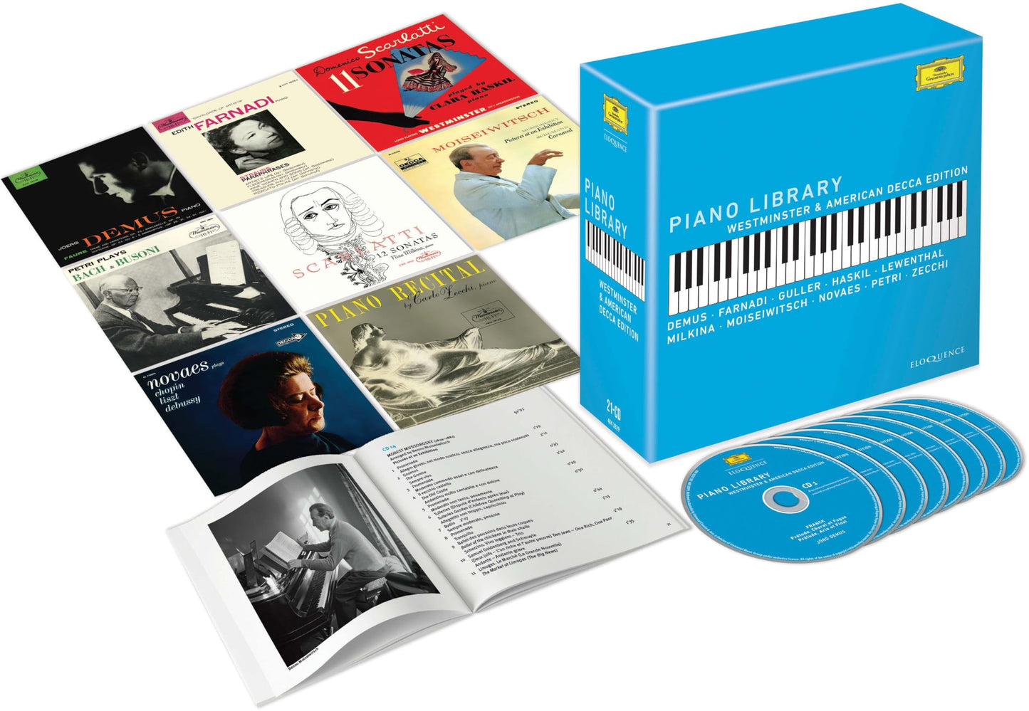 CD box set featuring classical piano music album covers and a disc.