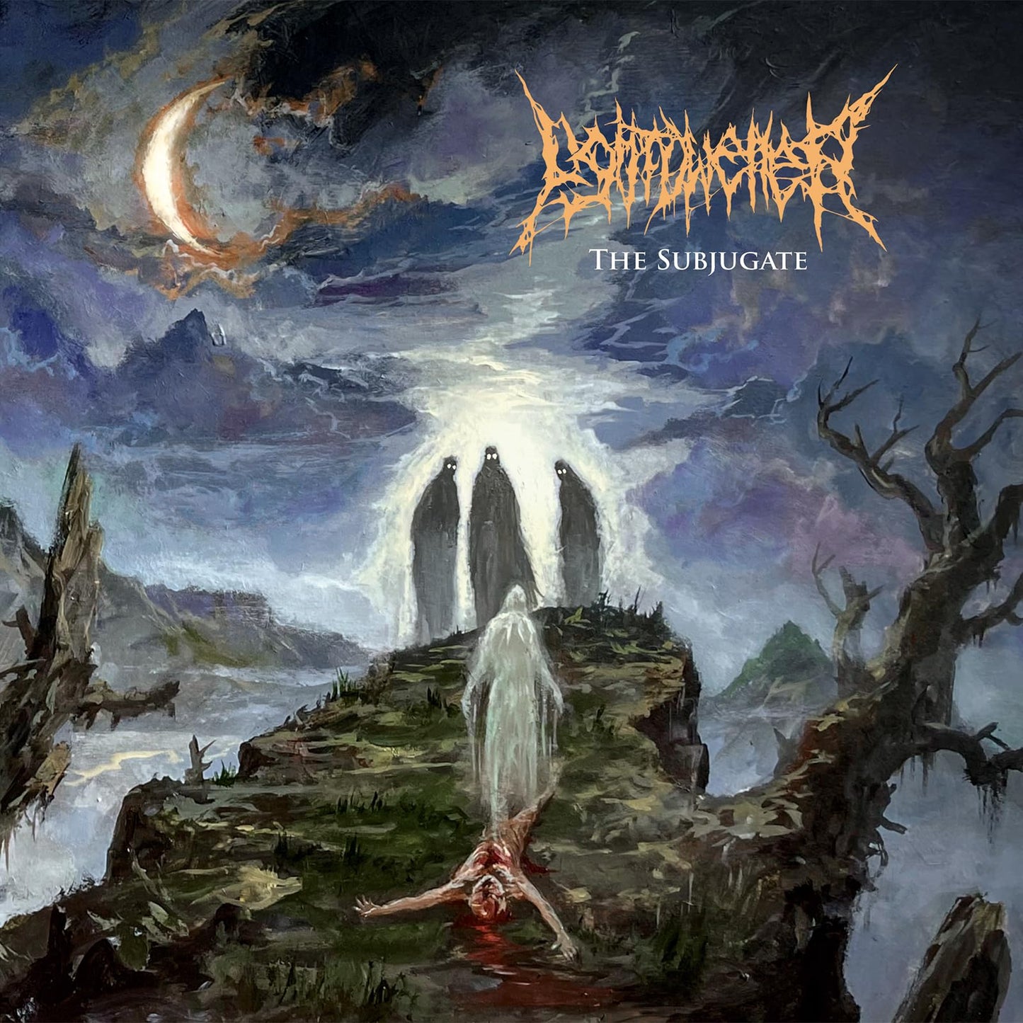 Dark fantasy album cover with figures, a moon, and a desolate landscape.