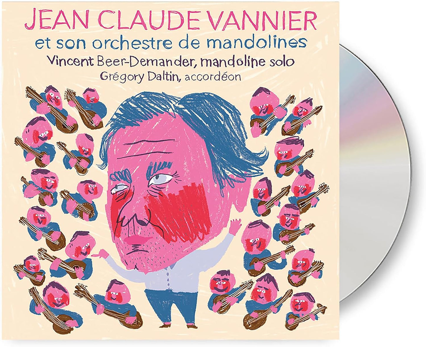 CD cover with illustrated portrait surrounded by cartoon mandolins.