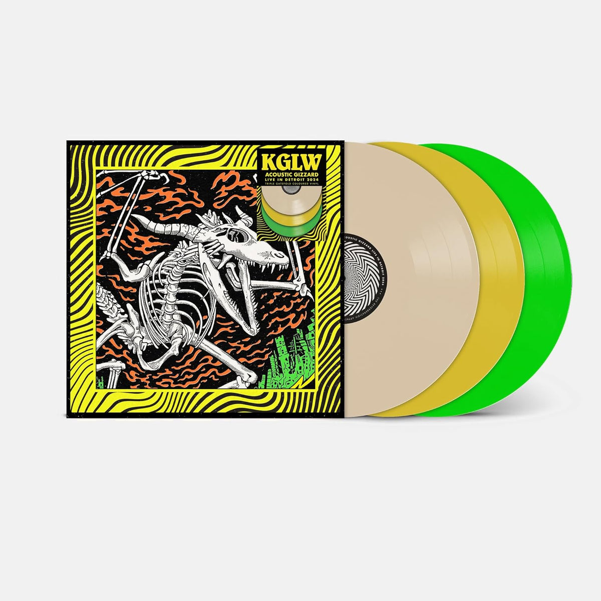 King Gizzard vinyl record with illustrated cover and two colored discs.