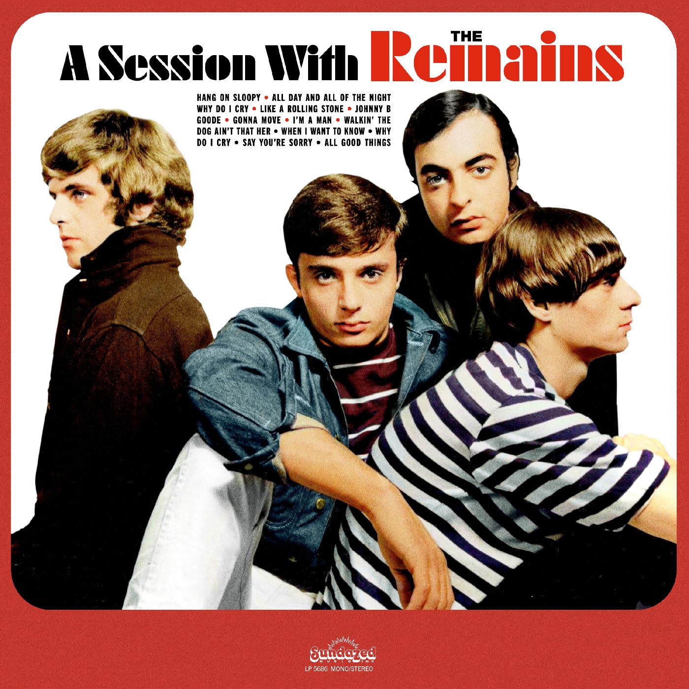 Album cover for "Remains" featuring four young men in striped shirts.
