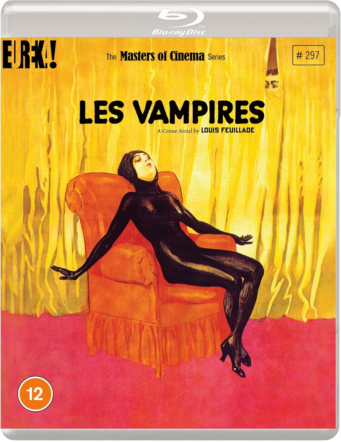 A person in a black bodysuit reclines in an orange armchair against yellow curtains.