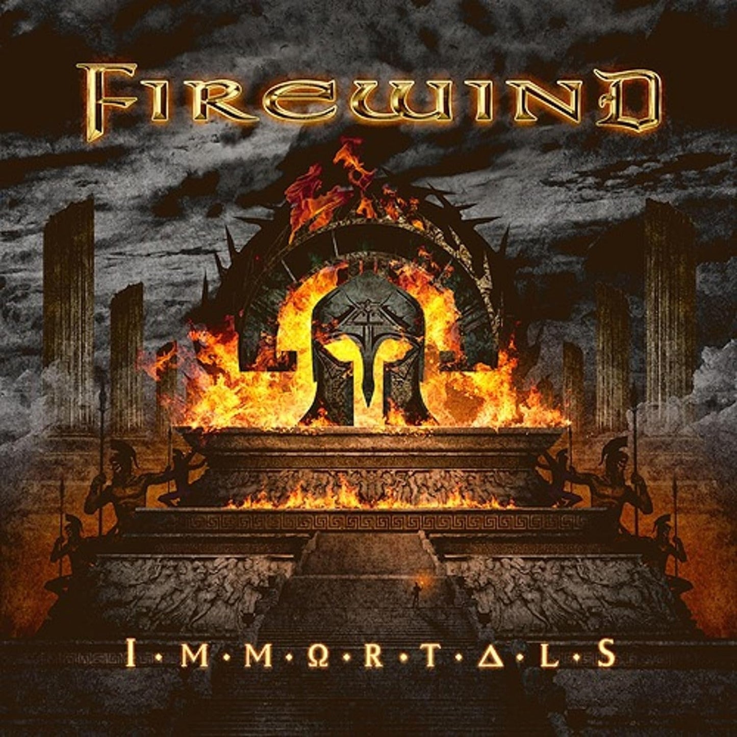 Firewind album cover: Spartan helmet amidst flames and ruins.