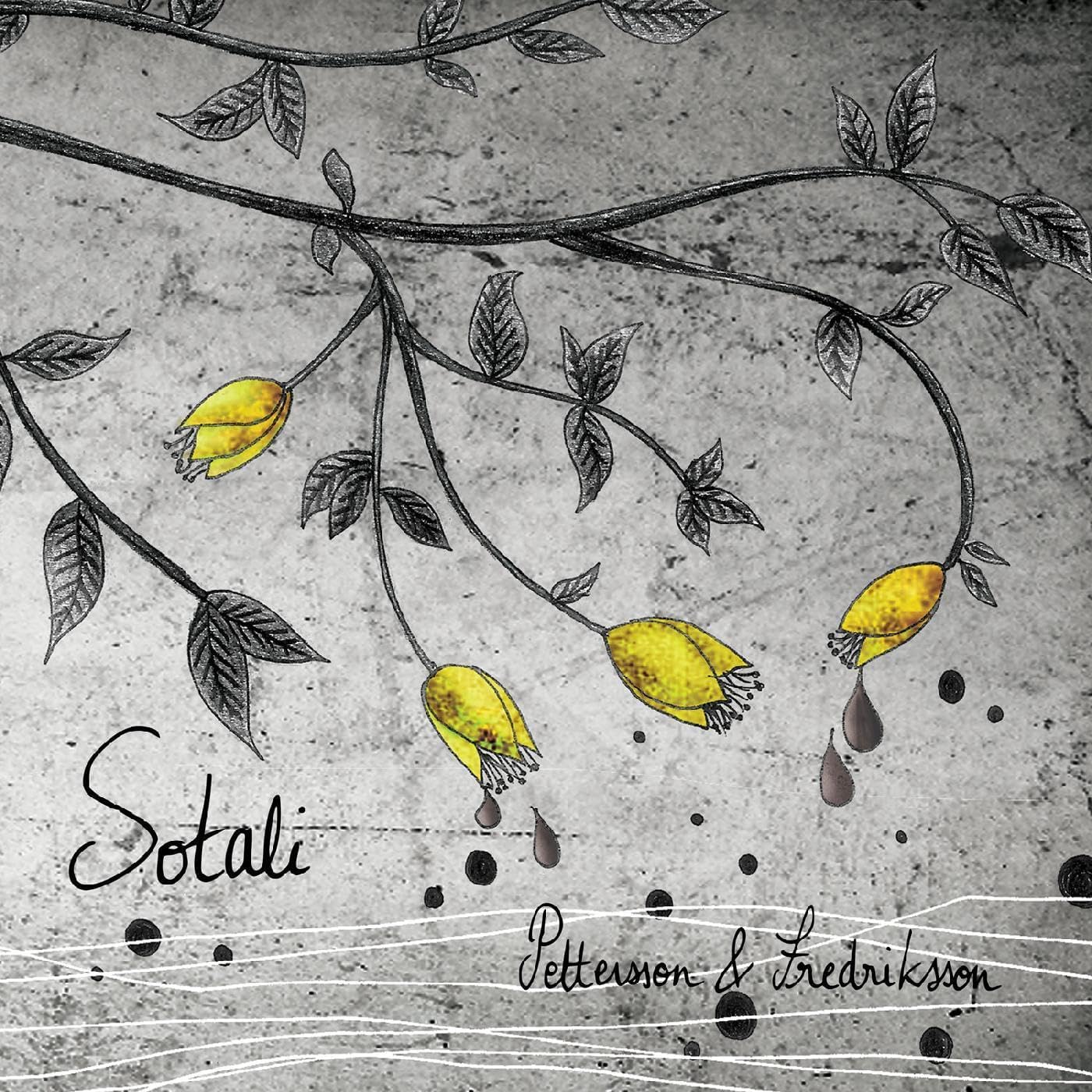 Black and white floral illustration with yellow berries on a grey background.