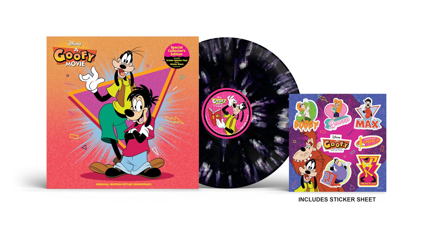 A Goofy Movie" soundtrack vinyl record with cover art and sticker sheet.