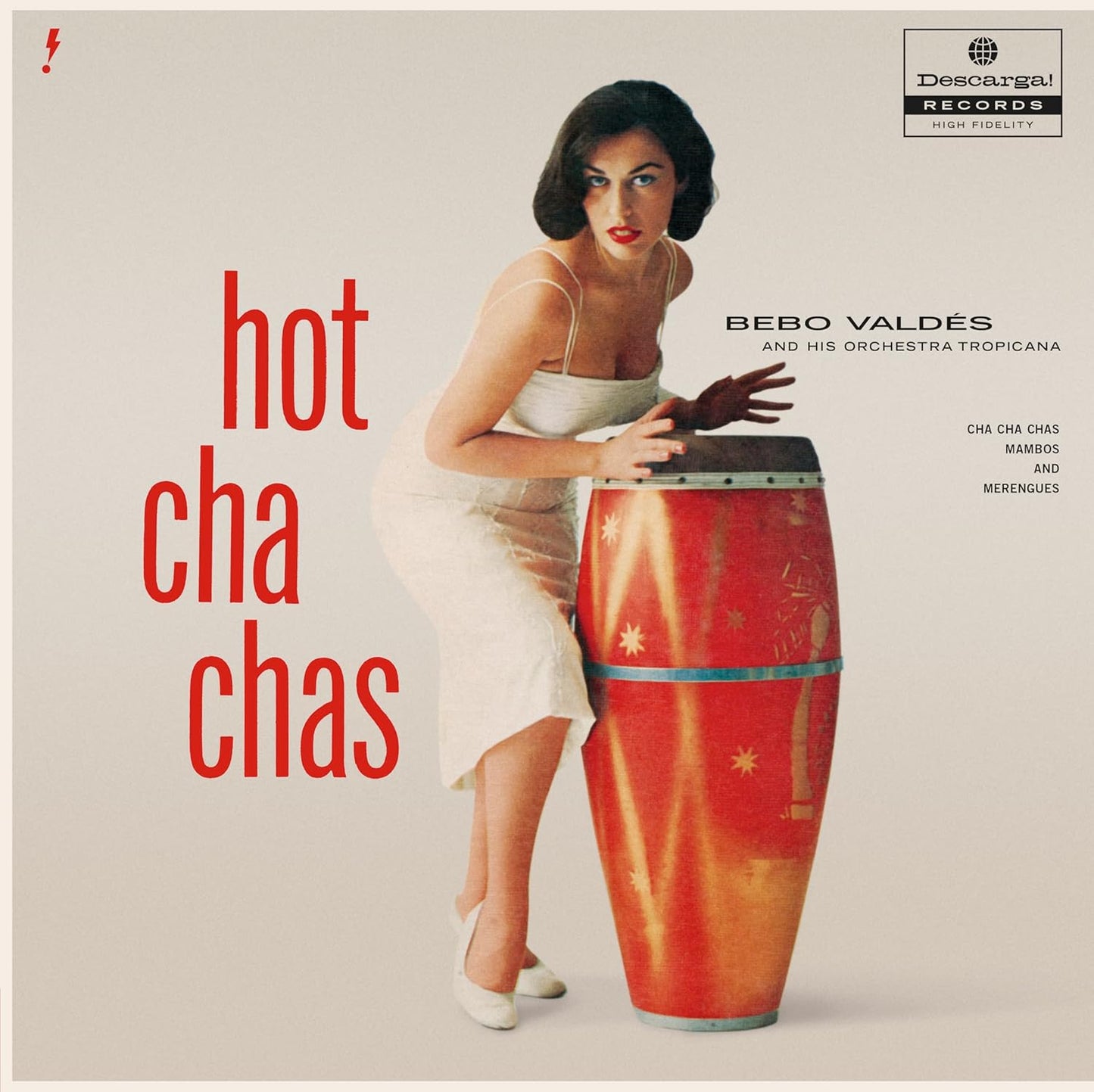 Bebo Valdés album cover: woman with conga drum, red text, vintage style.