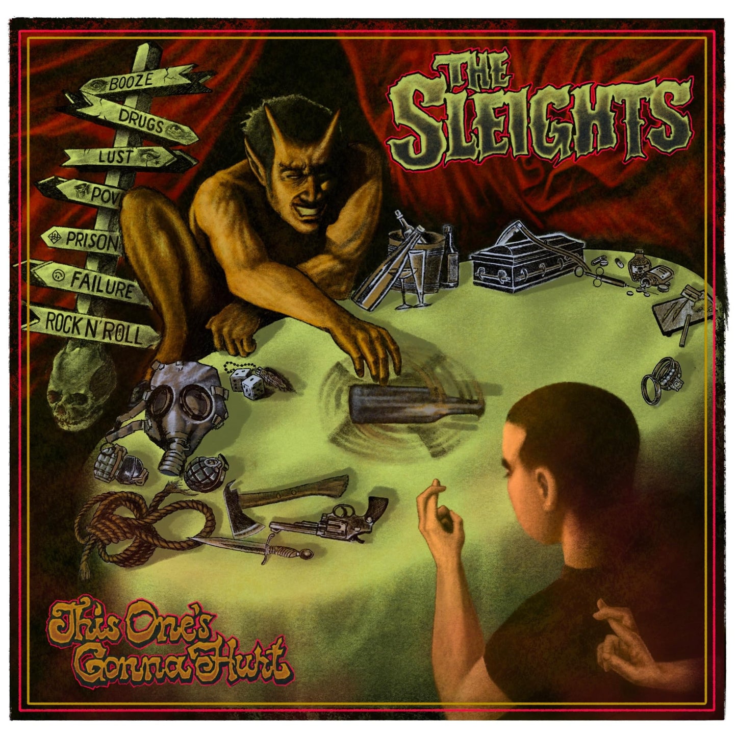Album cover for "The Sleights" featuring a painted, surreal, dark scene.
