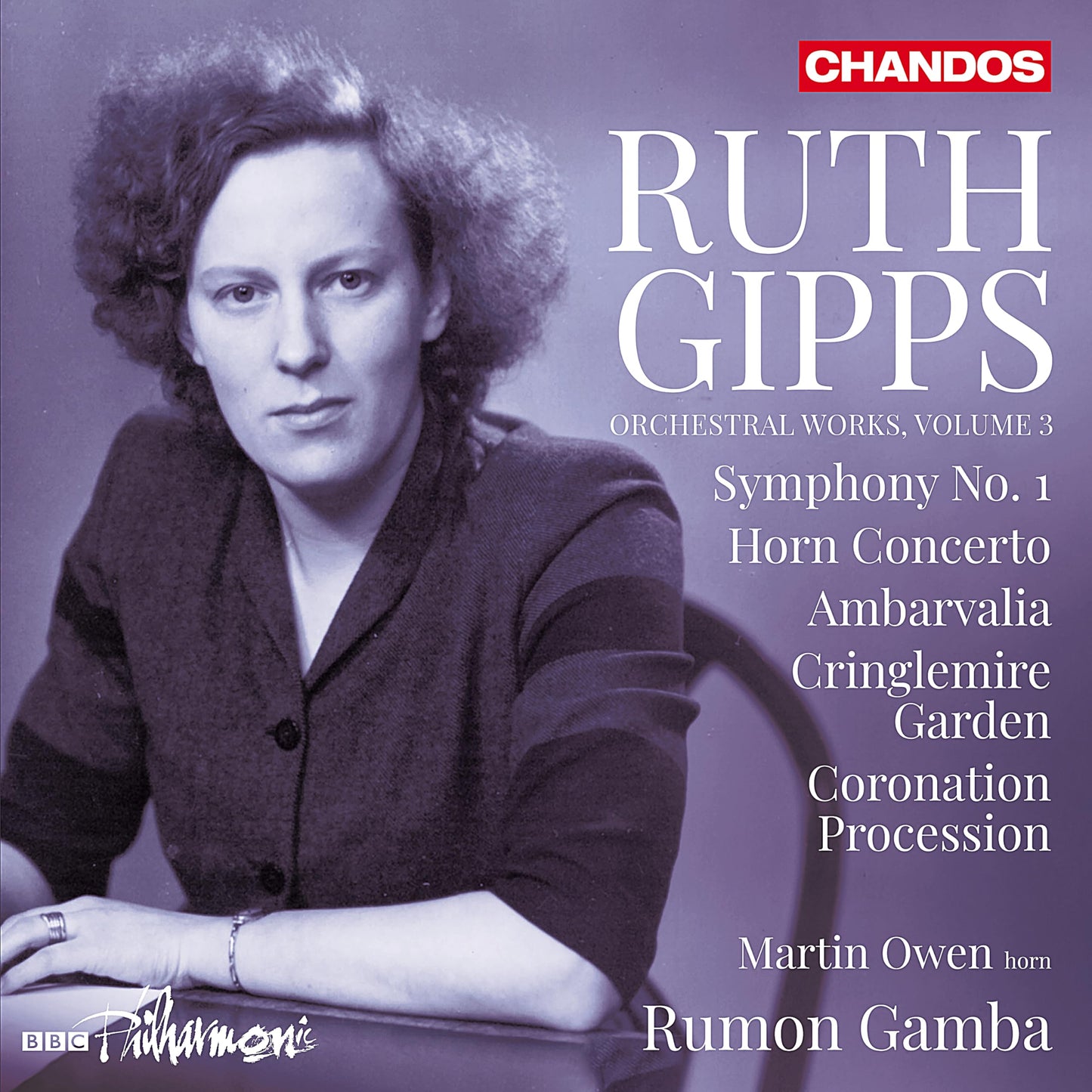 CD cover featuring a portrait of Ruth Gipps with text listing orchestral works.