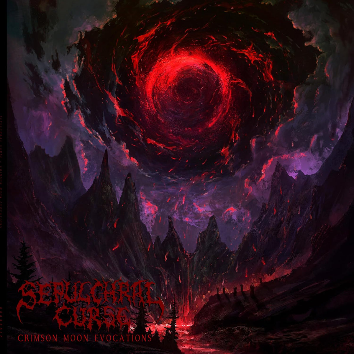 CD cover: dark mountains under a swirling, crimson red moon.