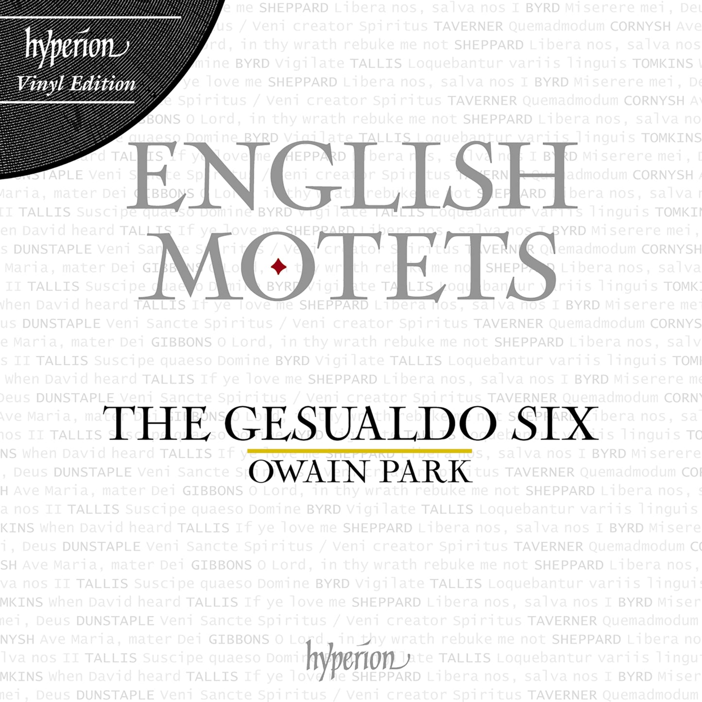 Vinyl record cover for "The Gesualdo Six - English Motets" with text overlay.