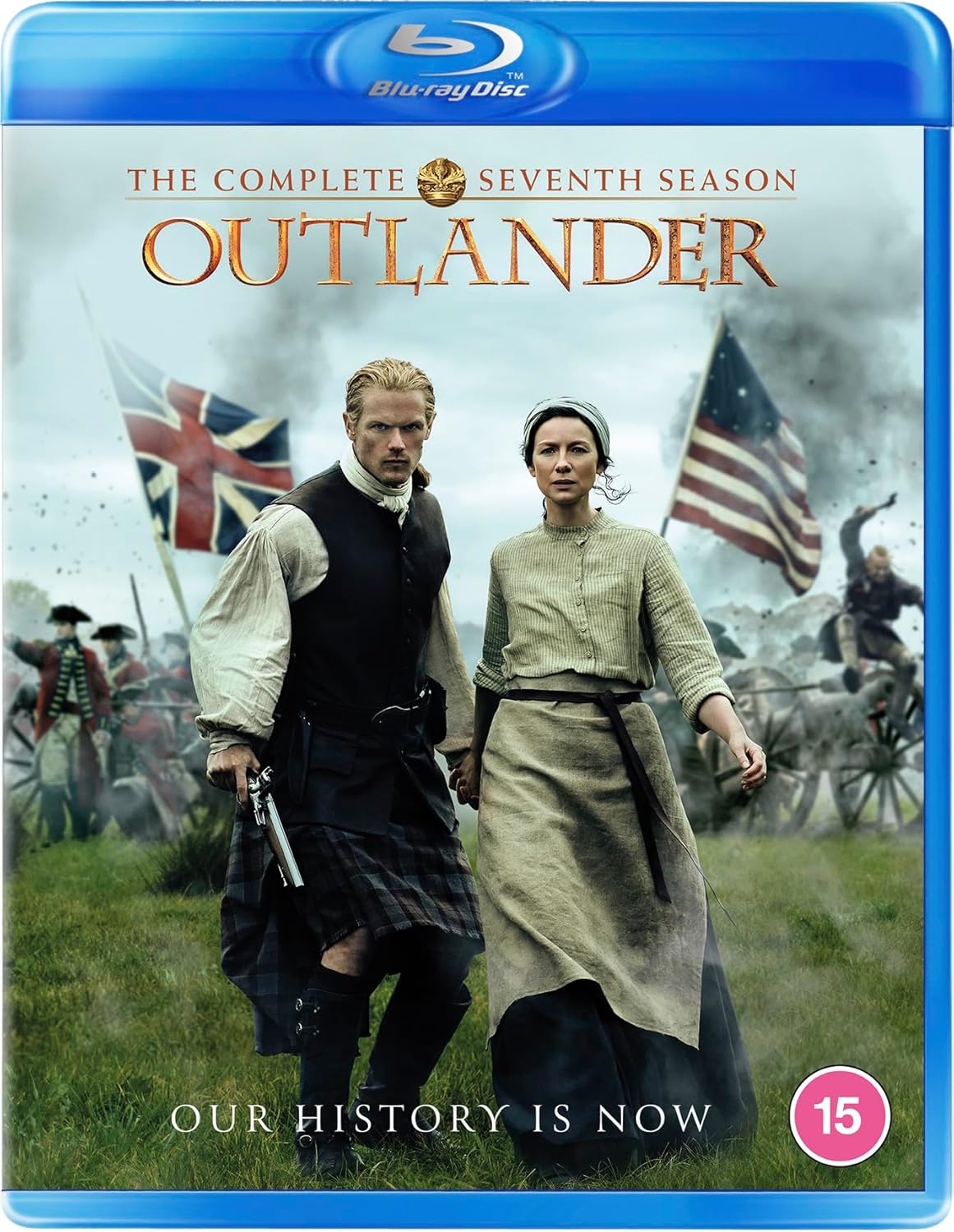 Blu-ray case for Outlander Season 7 featuring character portraits against a landscape background.