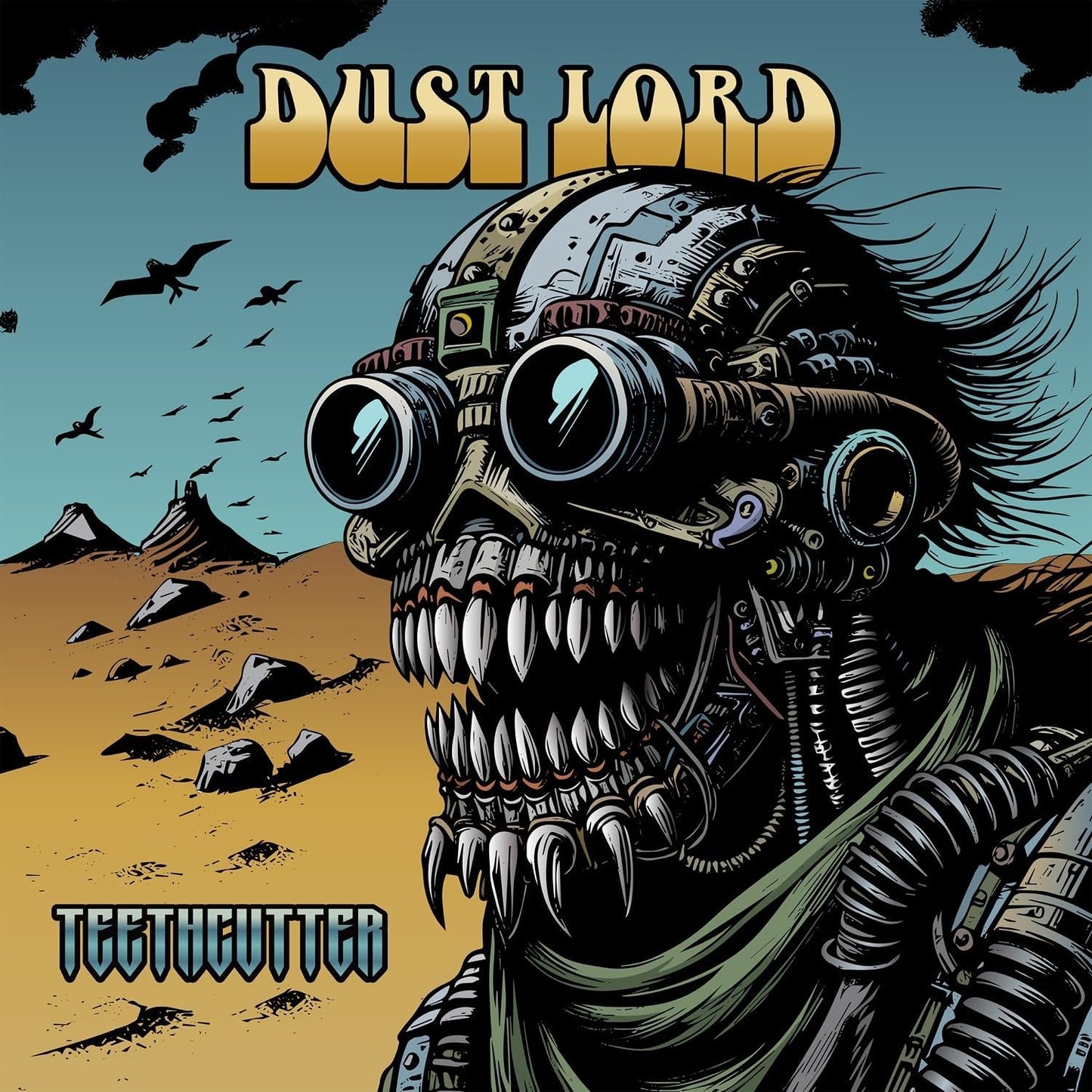 Robot skull with large goggles and sharp teeth, desert background.
