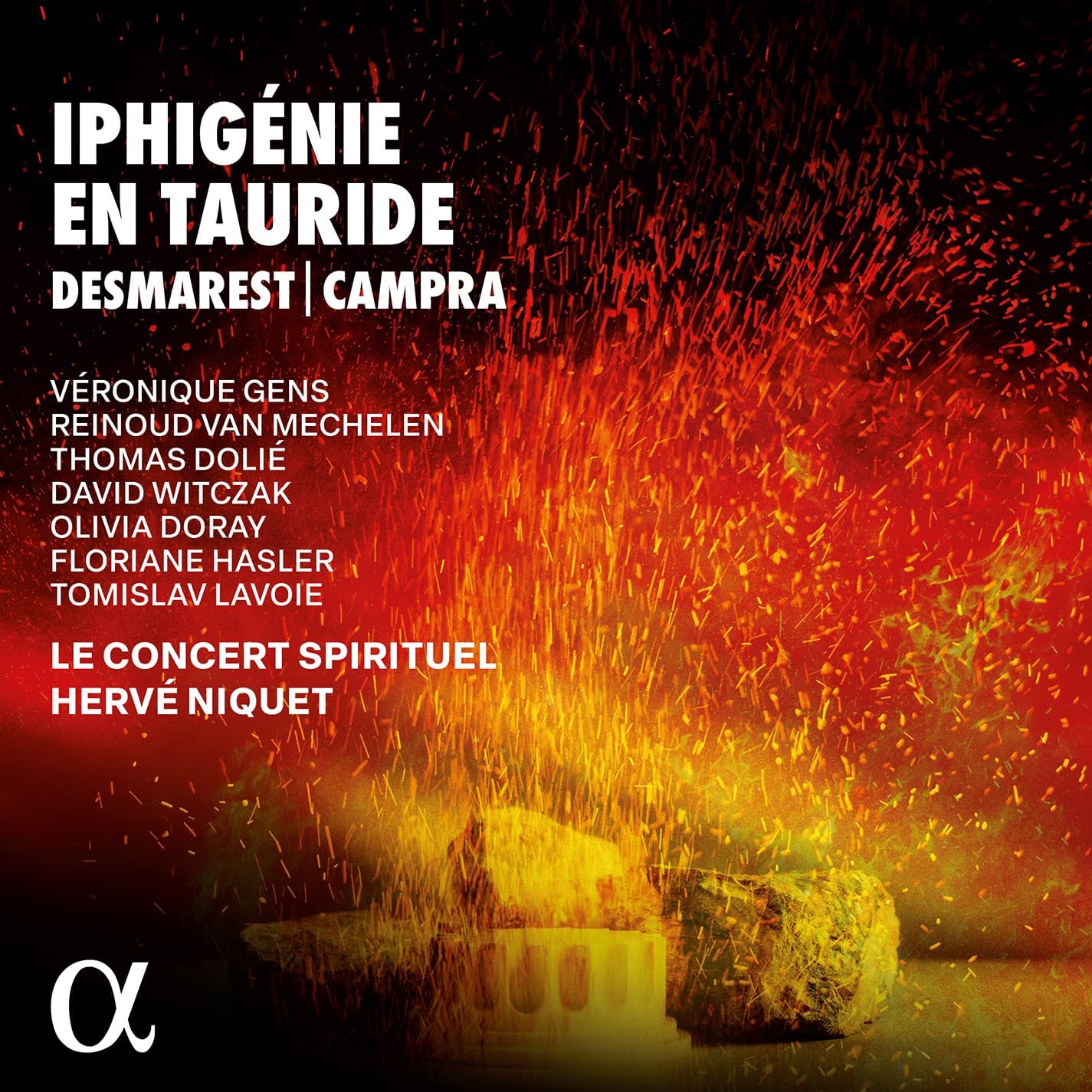 CD cover for “Iphigénie en Tauride” by Desmarets & Campra, fiery background.